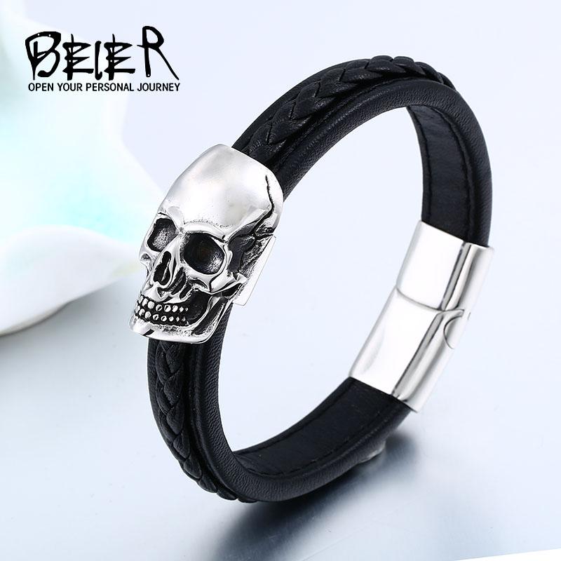

Beier 316L Stainless Steel Men s High Quality Leather Skull Bracelet Punk Biker Fashion Gift LLBC-L023L 24cm