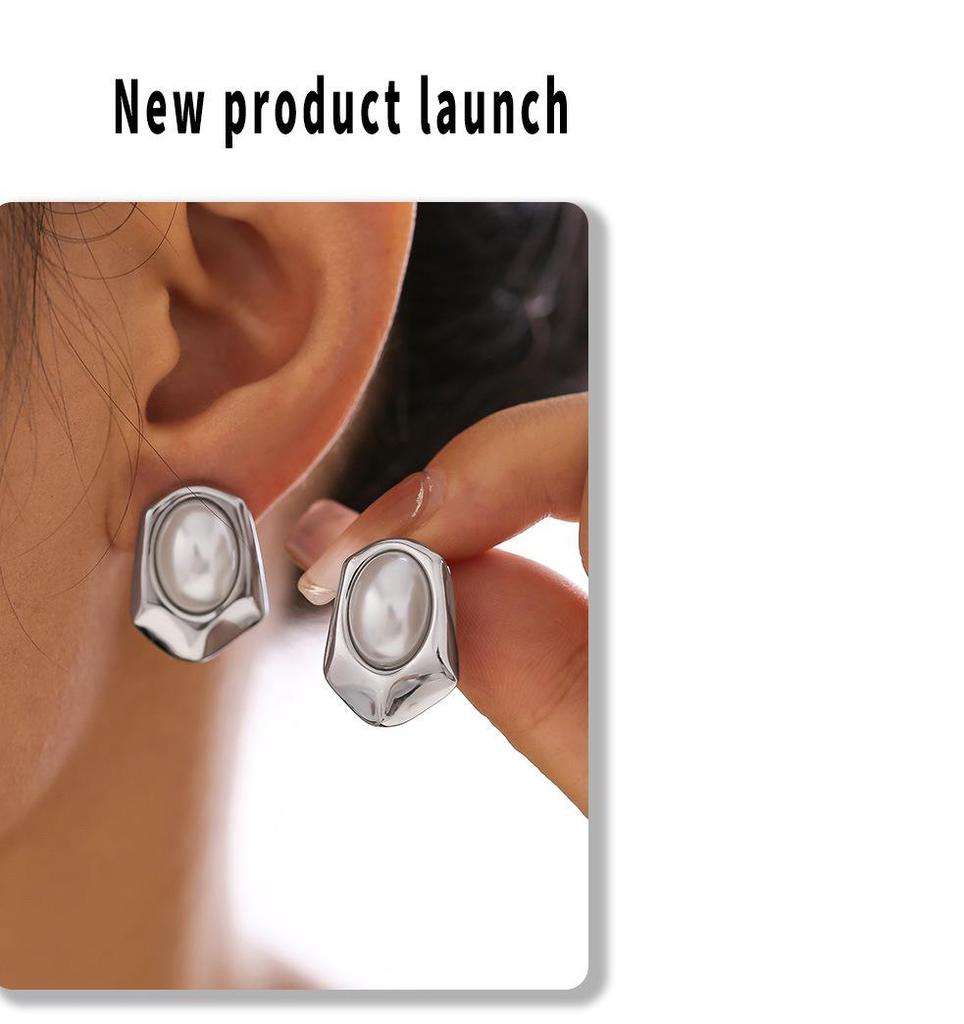 European Geometric Hexagon Stud Earrings with Imitation Pearl in 18K Gold Plated Titanium Steel
