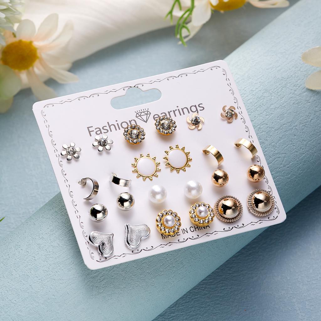 12 Pairs/Set Flower Heart Earrings Set for Women Geometric Rhinestone Simulated Pearl Piercing Ball Earring Jewelry Accessories