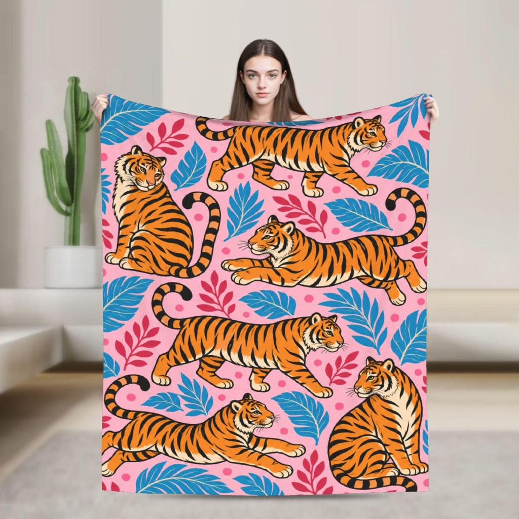 Pink Tiger Blanket Preppy Tropical Throw Jungle Flannel Home Decor