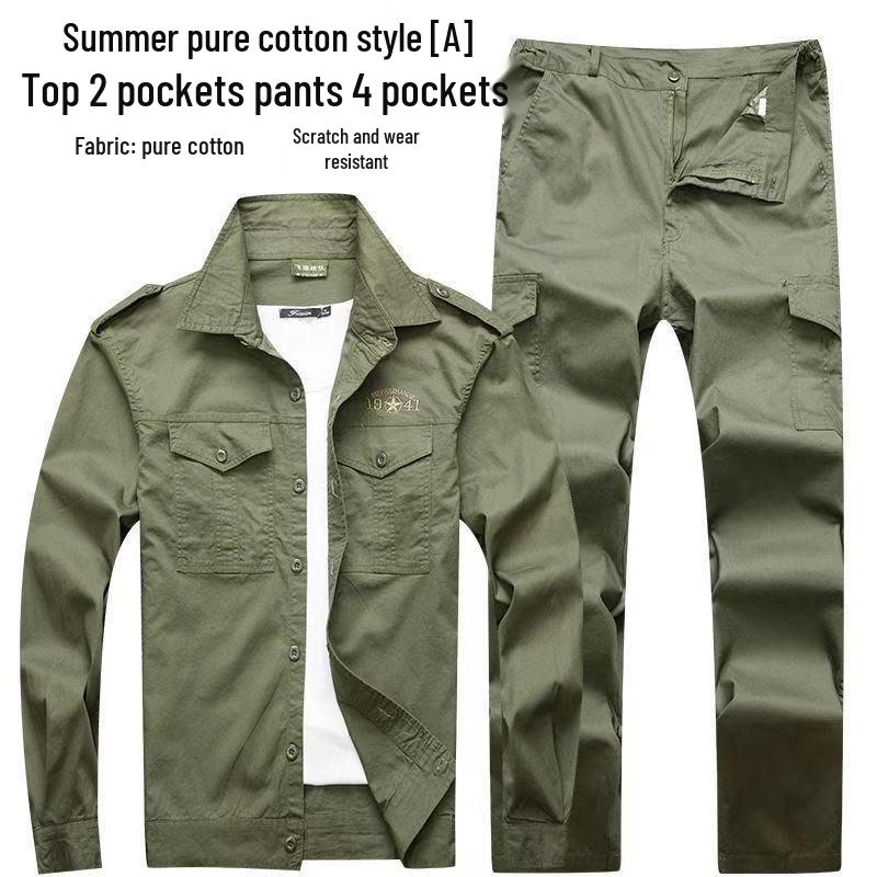 Men's Summer Workwear Set: Thin Cotton Long Sleeve, Wear-Resistant, Stain-Resistant, Ideal for Welding and Auto Repair