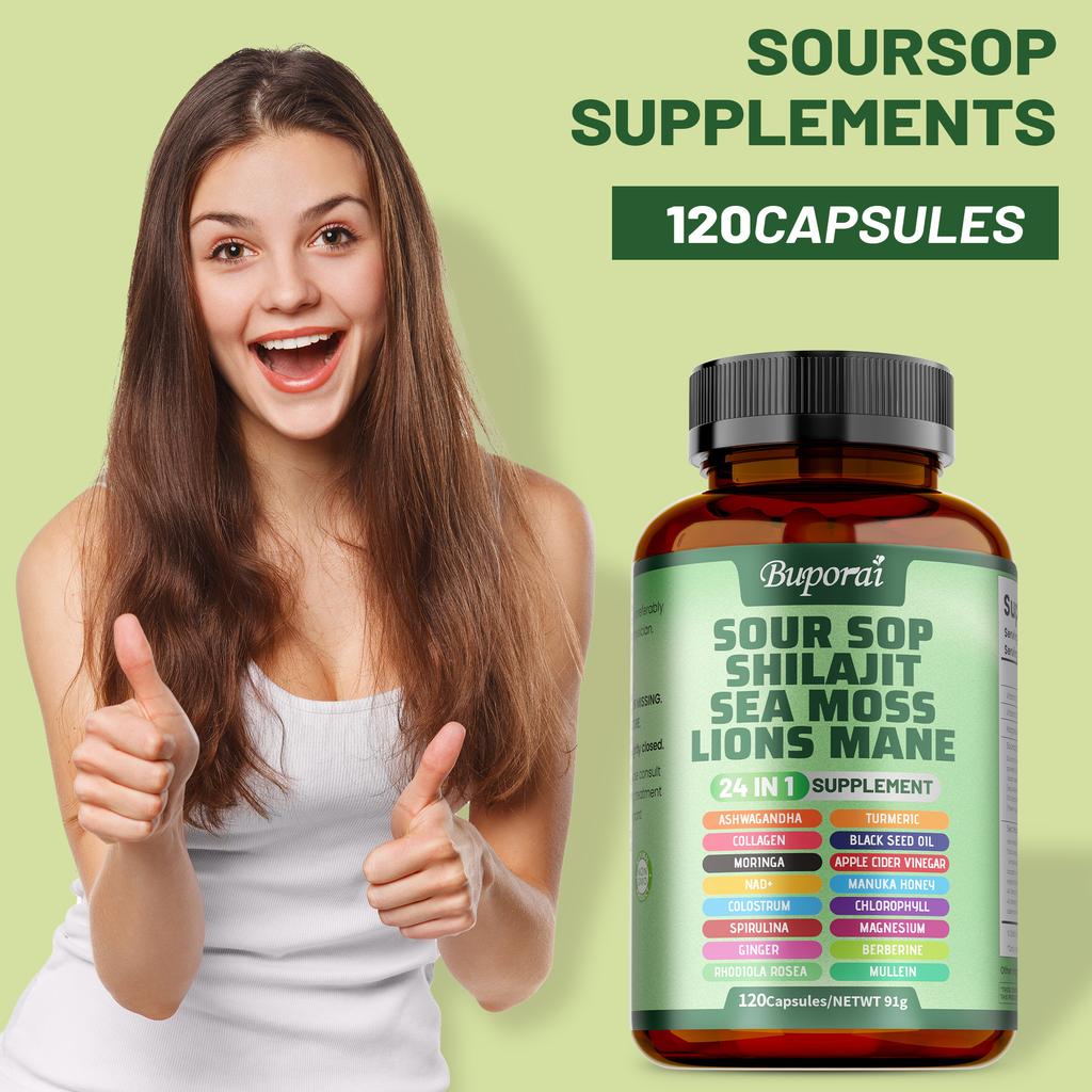 Soursop Capsules Contain Shiitake Mushroom, Seaweed, and Hericium Erinaceus Extract; Vegan; Antioxidant Support; and Joint Health Benefits.