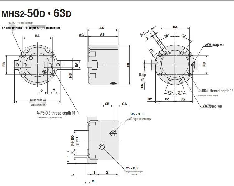 SMC Pneumatic Gripper Fingers: Two-Jaw, Three-Jaw, Four-Jaw MHS2/3/4-16D/25D/40D/50/63D