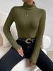 2024 Autumn/Winter High Neck V-Neck Long Sleeve Ribbed Knit Top