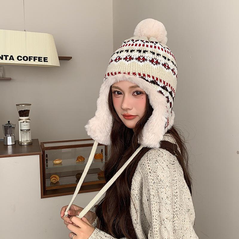 Jacquard Knitted Velvet Warm Hat for Women in Autumn and Winter Lei Feng Hat Travel Ski Hat Ear Protection Woolen Hat