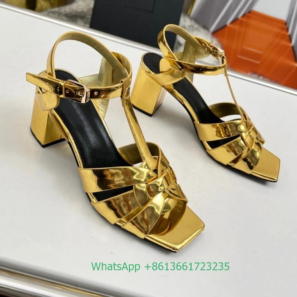 Fashion Cross Strap Square Toe Chunky Heel Women Sandals Solid Color Open Toe Real Patent Leather 6.5Cm Heels 2025 Newest Summer Sandals