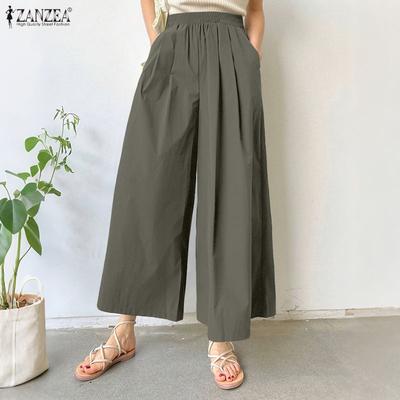 Calça feminina casual com cintura elástica, larga e curta