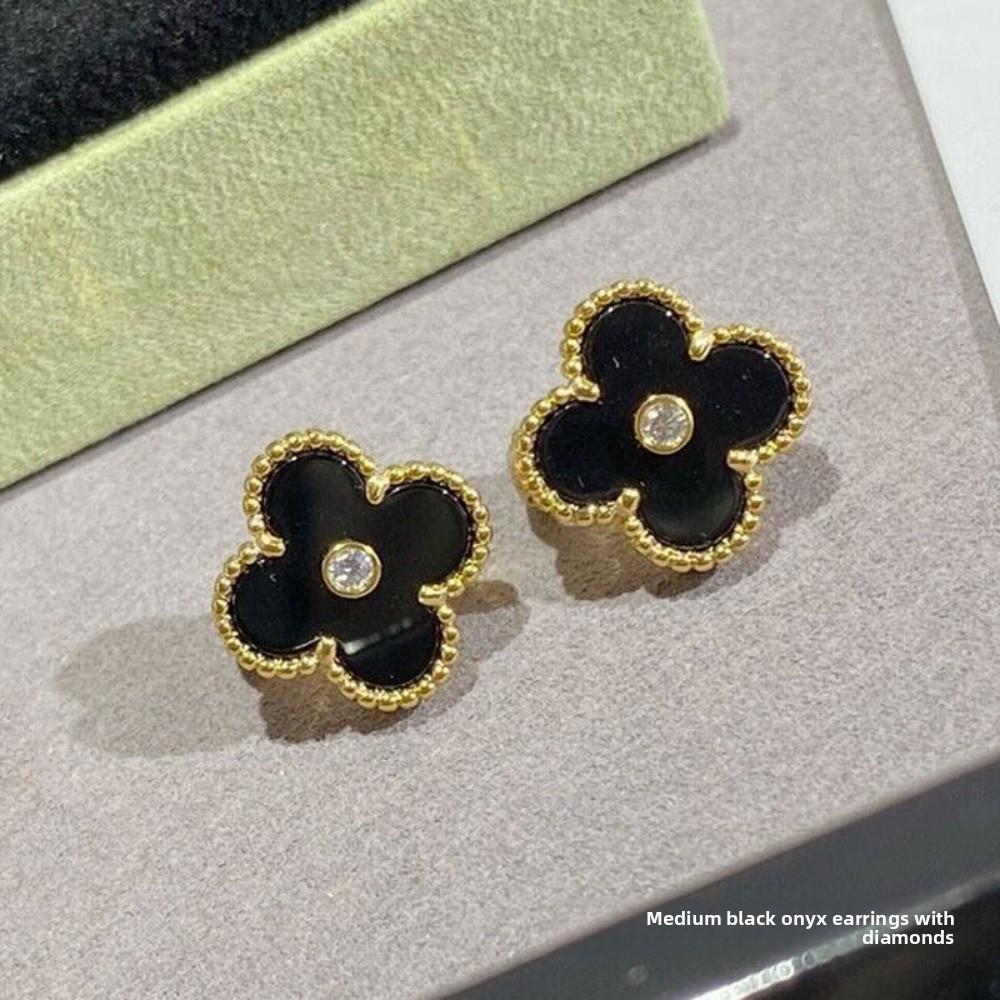 High Quality Four-leaf Clover Earring Buckle White Mother-of-pearl Earrings Red Chalcedony Black Agate Earrings