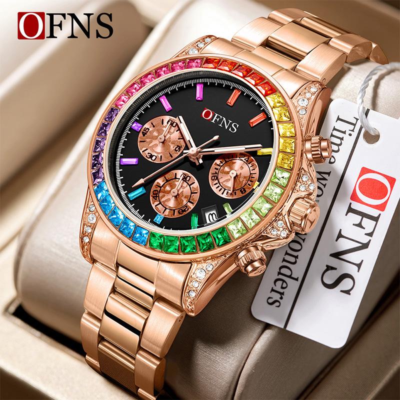 Quartz Luxury Mens Round Imitation Color Diamond Watches Movement Waterproof Men Wristwatches Week Display Male Clock