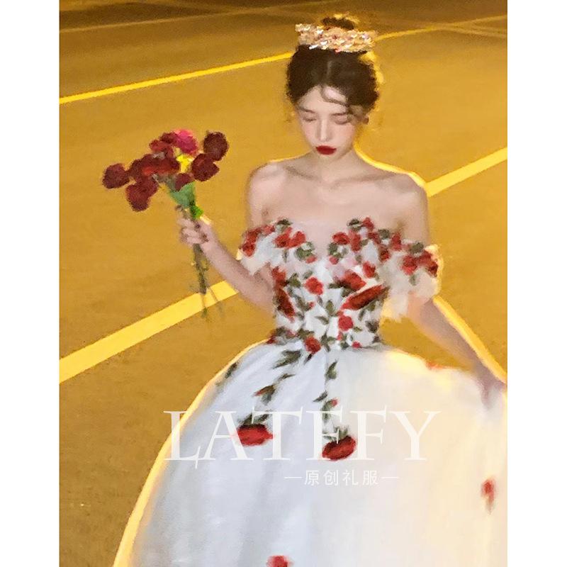 Rose Engagement Evening Dress Dress Women's High-end Light Luxury Niche Art Test Solo Birthday Princess Dress Bride Going Out Wedding Dress