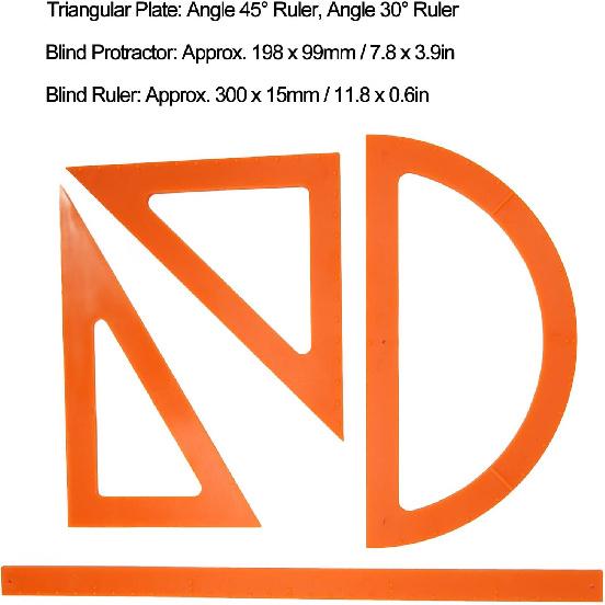 Braille Ruler Set, ABS Durable Blind Geometry Learning Supplies Easily Handheld with A Bump Design Accurate Measuring Triangular Protractor Essential