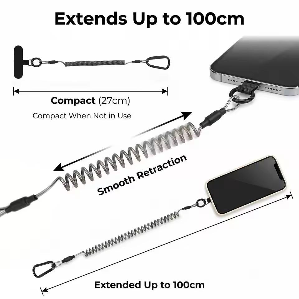 Anti-Lost Flexible Phone Ropes with Patch Spring Cord Safety Anti-Theft Retractable Line Wrist Band with Keychain Ring Carabiner