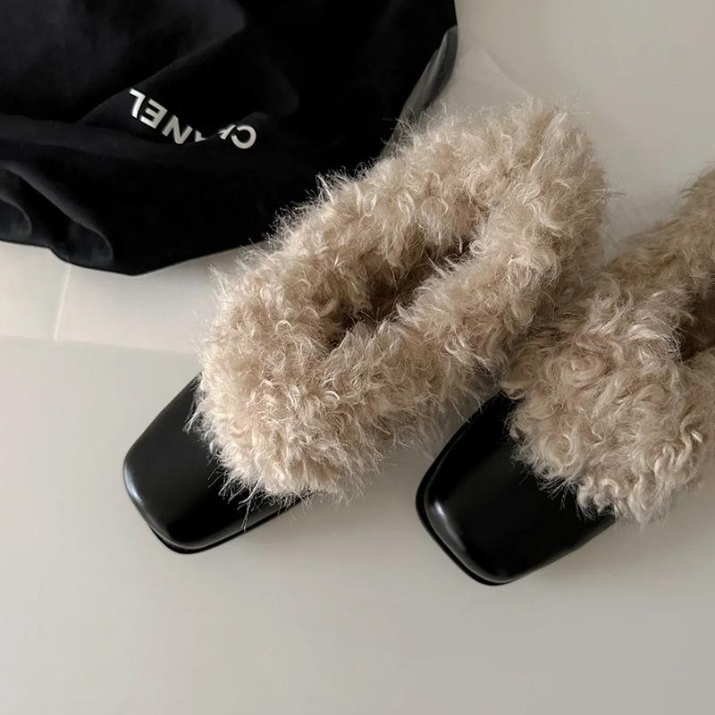 Leather Square-headed Fluffy Shoes with One Pedal, Retro Velvet To Keep Warm, Mary Jane Small Leather Shoes, New Cotton Shoes, Thick Heels, Si