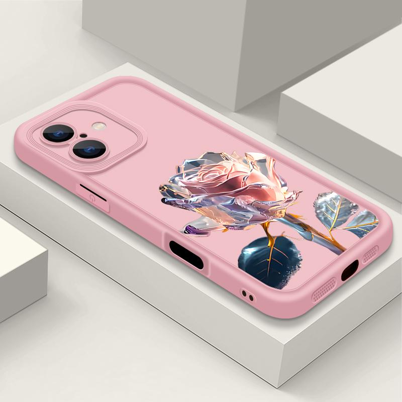 Pink Crystal Rose Pattern Shockproof Phone Case for iPhone 16 15 14 Plus 13 12 11 Pro Max Xs Xr 8 7 Matte Tpu Soft Lens Protection Anti-Fall Cover