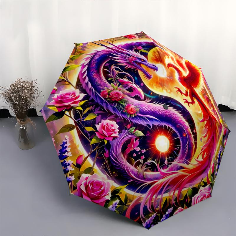 1pc Dragon and Phoenix Dance Amidst Flowers and Light Automatic Opening and Closing Umbrella - Suitable for Various Occasions, Outdoor Activities