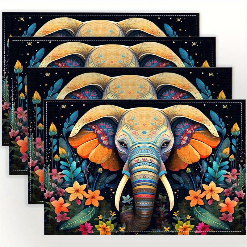 4pcs Beautiful Elephant Pattern Printed Placemats Linen Placemats Design, Heat Insulation Tableware Kitchen 4PCS