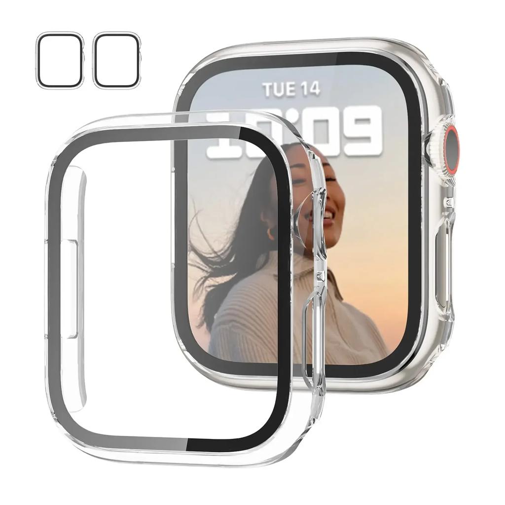 2PCS Tempered Glass+cover For Watch Case 44mm 40mm 42mm 41mm 45mm PC bumper Screen Protector iWatch series 9 8 7 6 5 3 se