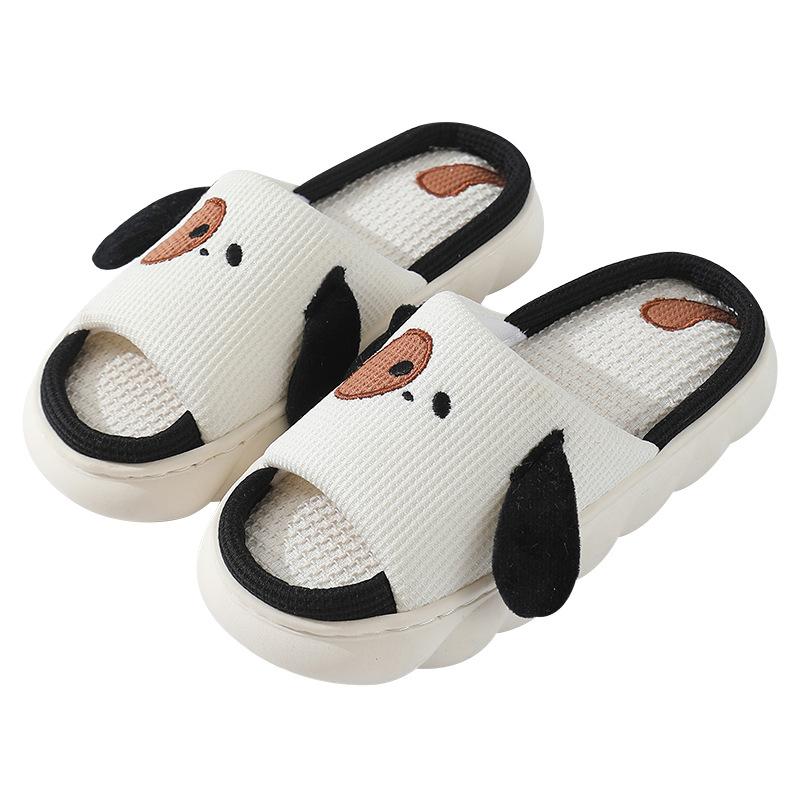 Linen slippers cute puppy cotton and linen four-season slippers couple soft bottom non-slip sweat-absorbing slippers