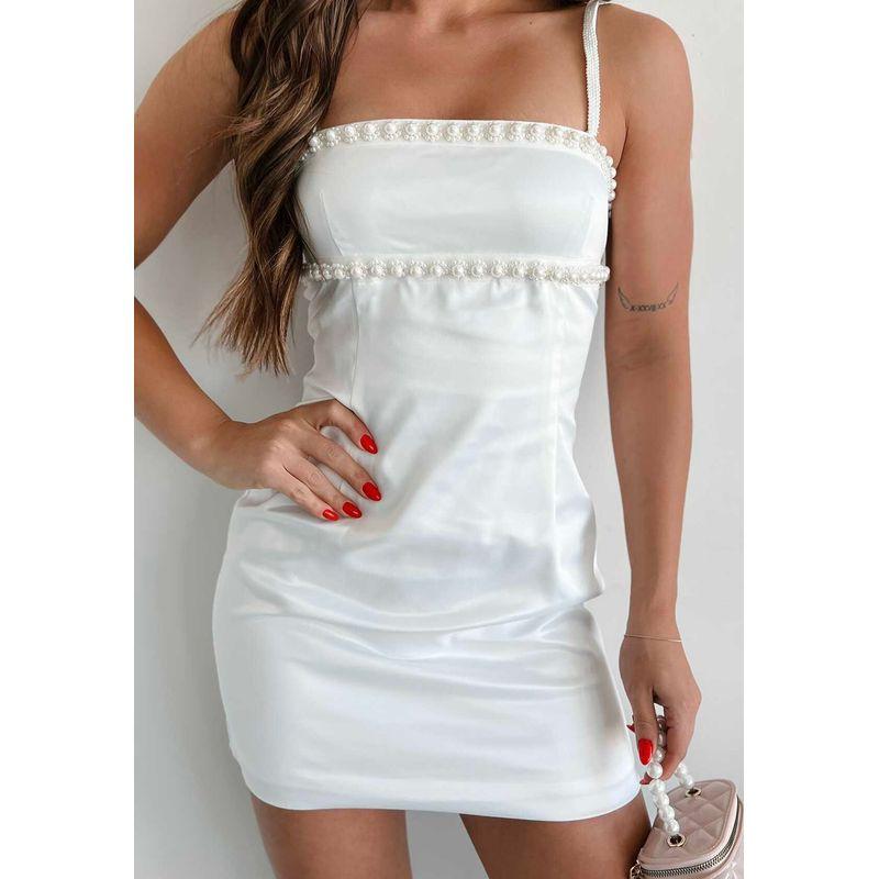 Export Single Lady Pure Desire Heavy Industry Pearl Decorative Sling Square Collar Elegant Elegance Beautiful Fashion Short Dress