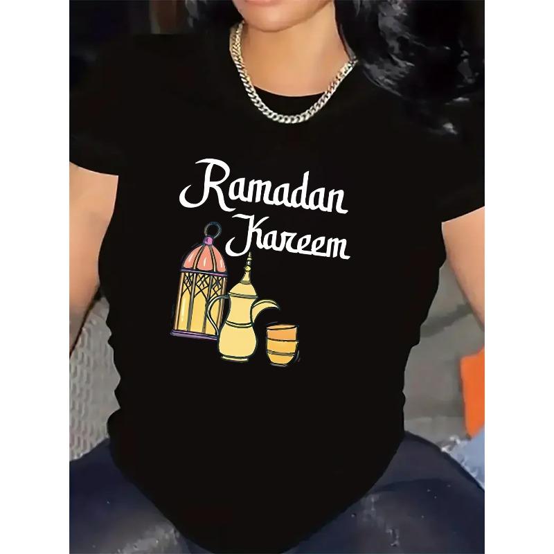 

European sizes Women S Ramadan Kareem T-Shirt - Black & White Islamic Decor Shirt with Lanterns, Soft Stretchy Polyester for Home 4XL