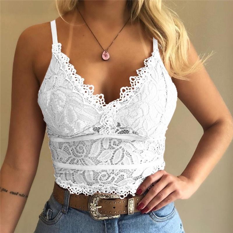 Women Fashion Deep V Neck Floral Lace Bra Sexy Spaghetti Straps Underwear Summer Slim Push Up Crop Top Hollow Out Sleeveless Bra Vest S-2XL