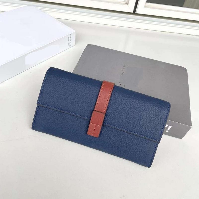 New Genuine Leather Women's Wallet Top Layer Cowhide Lychee Pattern Drawstring Contrasting Color Long Three Fold Bag