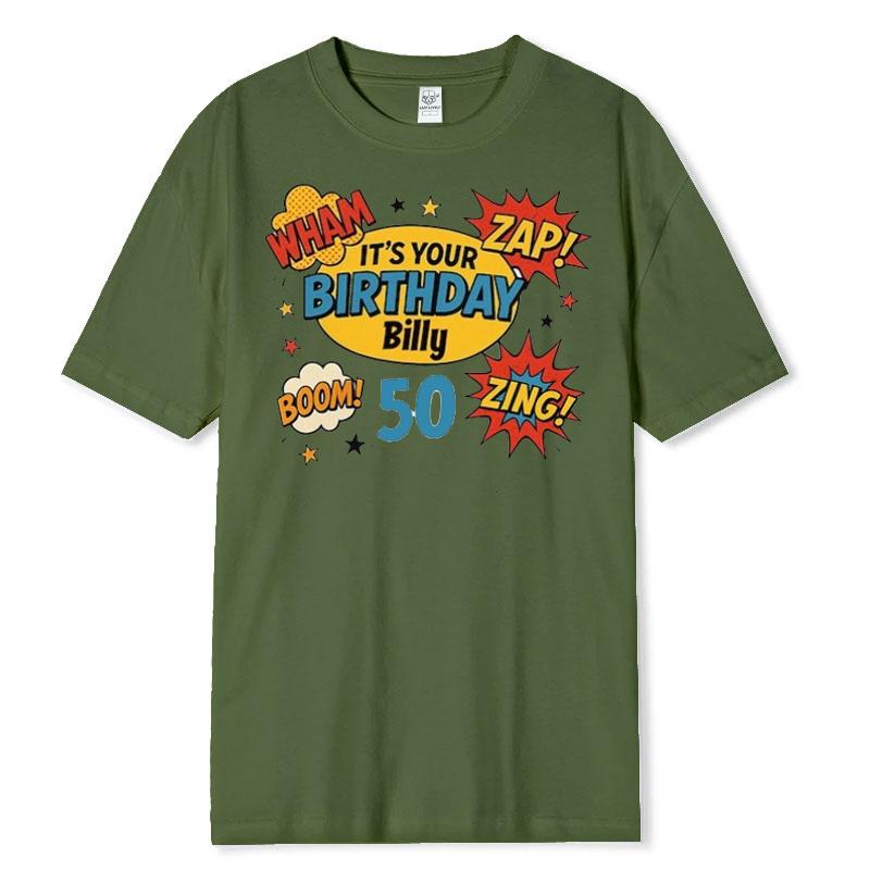 Personalised 50th Birthday Tshirt Wham Zap Retro Comic Book Style Design on Bella and Canvas Premium Tee Fast UK Tracked