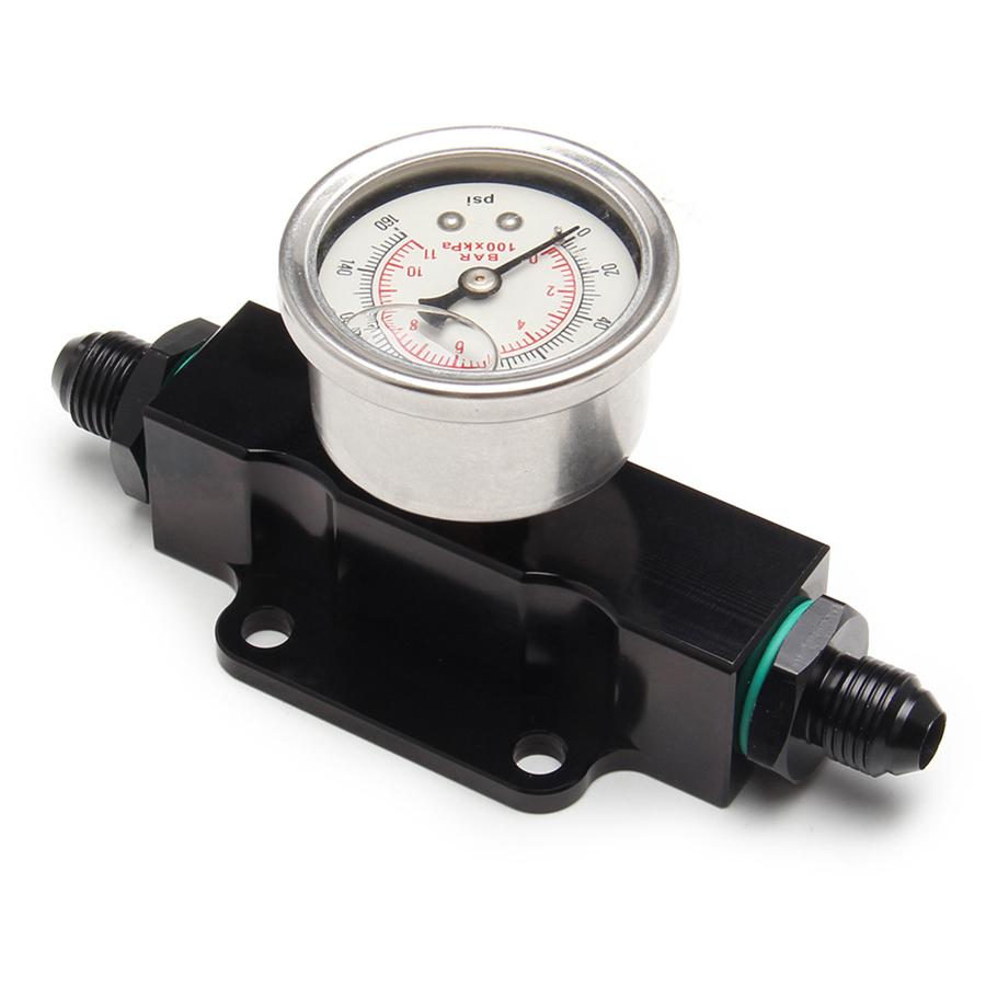 Black Billet Aluminum Inline 6 AN AN6 Fuel Filter 1/8 NPT Pressure Gauge Port