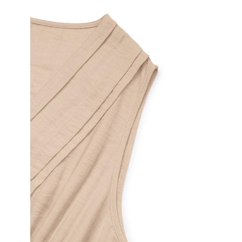 Solid Color V Neck Sleeveless Elastic Waist A Line Midi Casual Women Dress