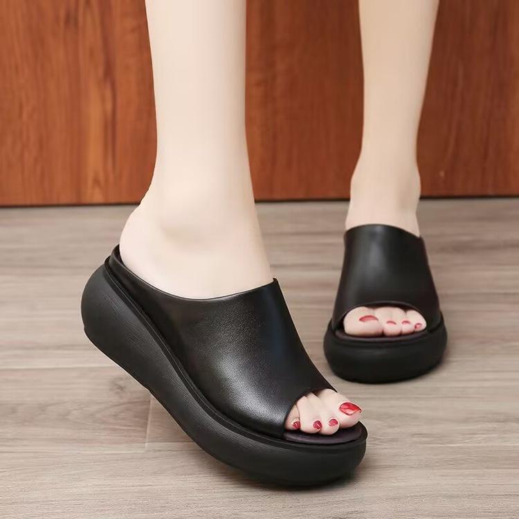 Thick-bottomed muffin cool slippers summer new outer wear high-heeled non-slip slope and casual one-word slippers