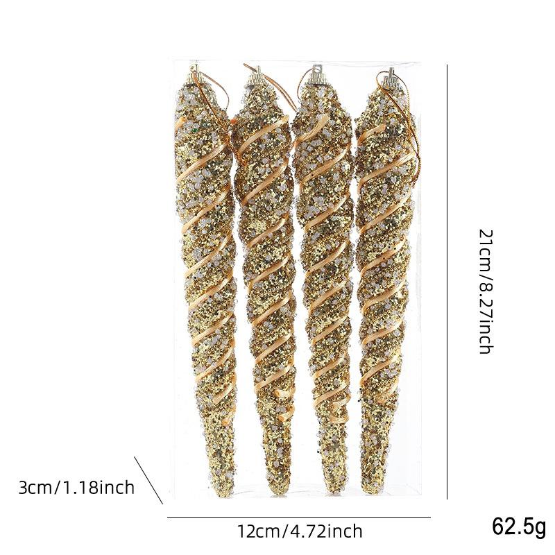 

4PCS 21cm Colorful Threaded Ice Column Christmas Tree Pendants Plastic Glitter Powder Ice Crystal Shape Hanging Ornament золотий