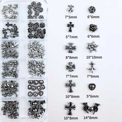 120pcs/1 Box European American Dark Vintage Style Cross Nail Art Patch Premium Metal Style Heart Nail Metal Decorment Set