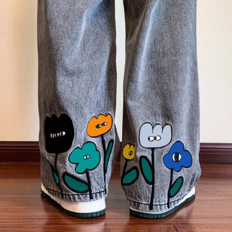 Pantaloni Jeans Largi pentru Bărbați Y2K cu Imprimeu Floral Streetwear American Casual Denim Pantaloni Hombre Vintage Drepți