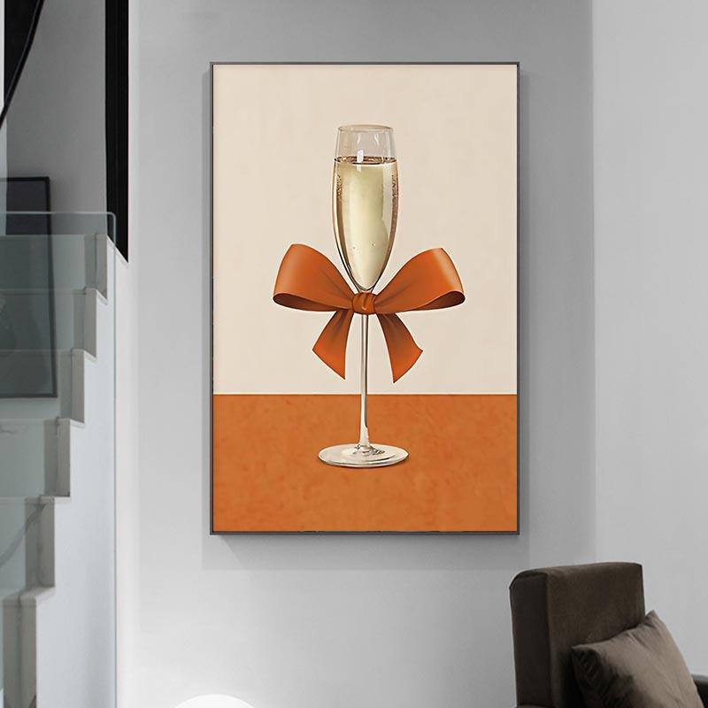 Solid Wood Frame Abstract Wine Glass Orange Fork Plate Bow Restaurant Tableware Canvas Painting for Living Room Restaurant Decoration