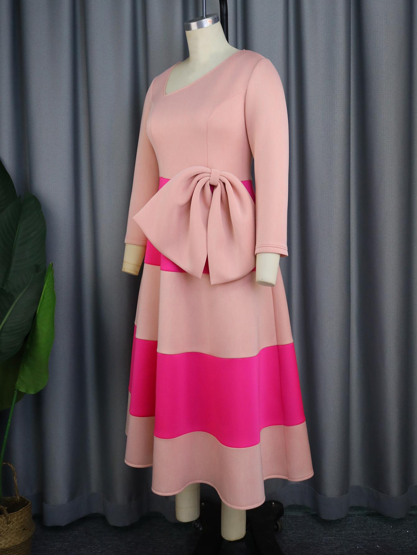 AOMEI женские розовые платья трапециевидной формы в стиле пэчворк с длинными рукавами — фото 3