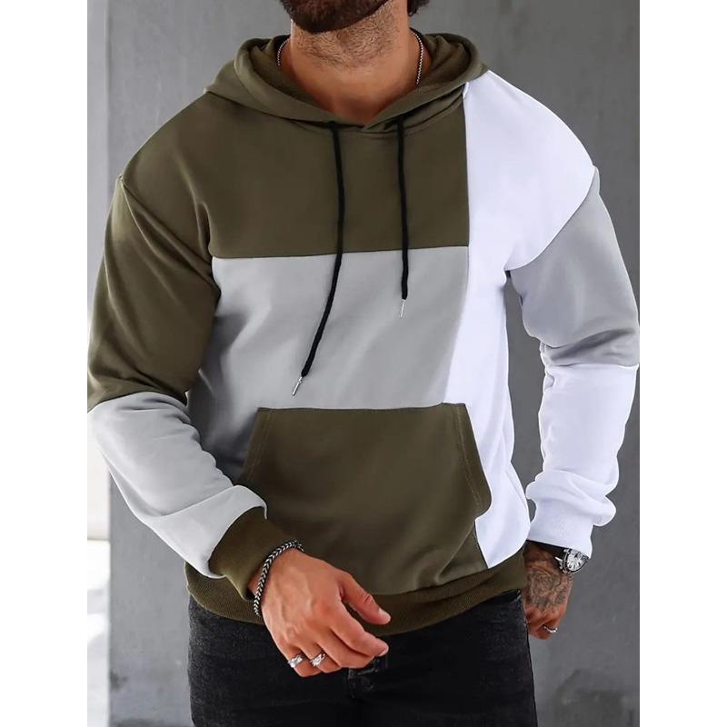 

Men s Color Block Hoodie Olive Green White Gray Patchwork Pullover with Kangaroo Pocket S зелений