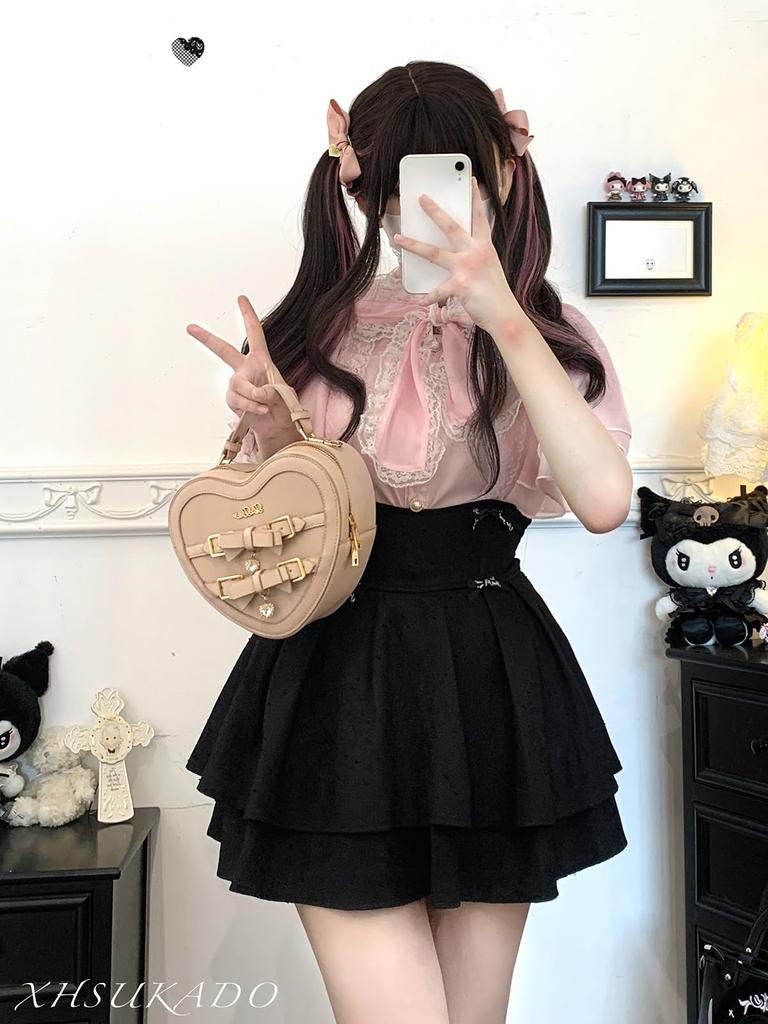 Sleeveless Blouse with Cute Ribbon and Ruffle Lolita Neat and Girly Lightweight Chiffon Pink [XHSUKADO] Women's Cape-Style Stand-Up Collar, Lace,