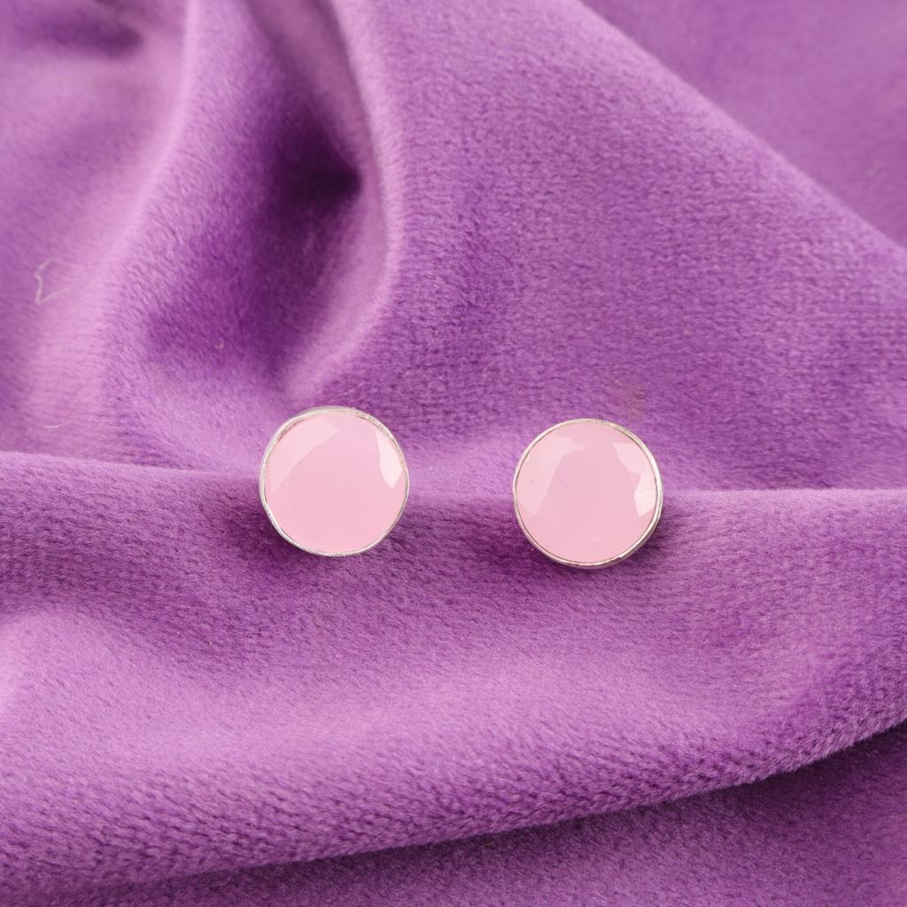 Round Natural Rose Chalcedony Boho Stud Post Unique New Earrings Sterling Silver EE-150-20