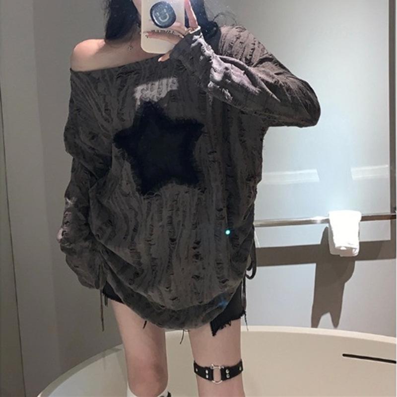 T-shirt Grunge Donna Moda Stampa Stella Estetica Y2k Magliette Larghe T-shirt Strappata Streetwear Gotico