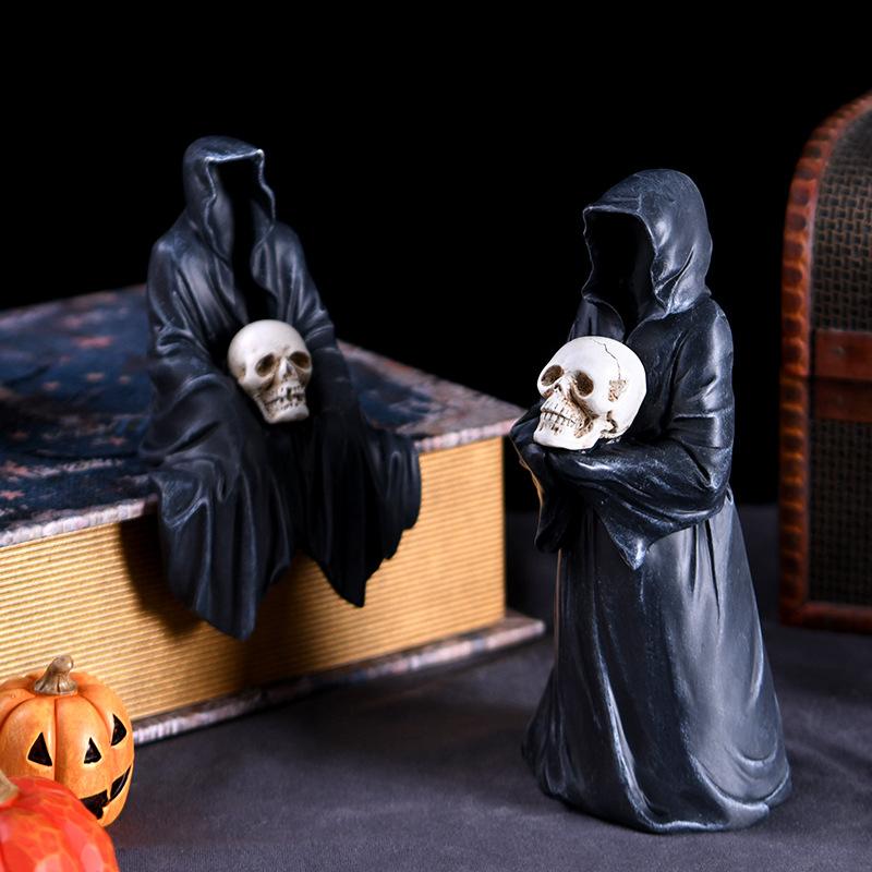 Halloween Black Robe Figurine - Black-faced Ghost for Home, Table, Car Decoration, Resin Small Halloween Decoration
