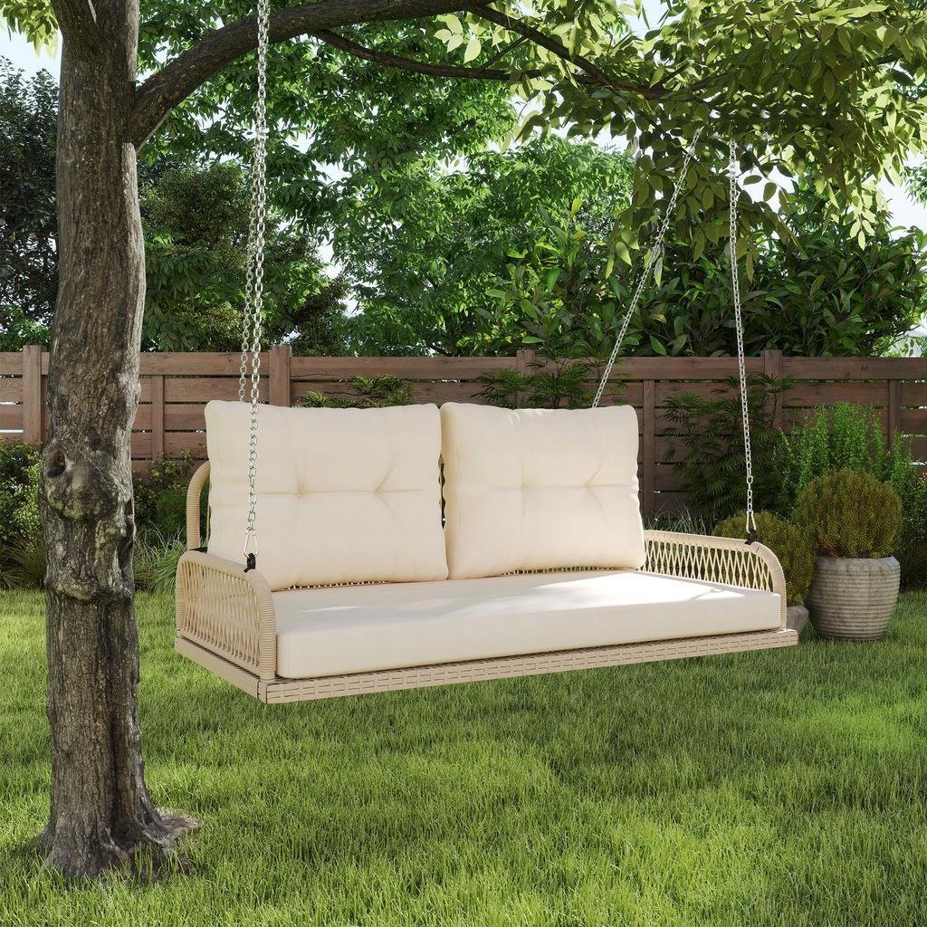 Hollywood Swing 2-Seater, Rattan Garden Swing with Cushions, Chains, Up To 240 Kg, 115 X 66 X 44 Cm, Beige