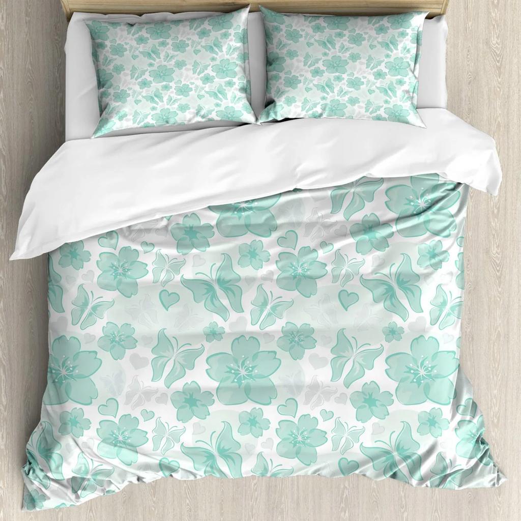 Turquoise Duvet Cover Set Retro Floral Background With Hibiscus Silhouettes Dramatic Romantic Nature Art Polyester Duvet Cover