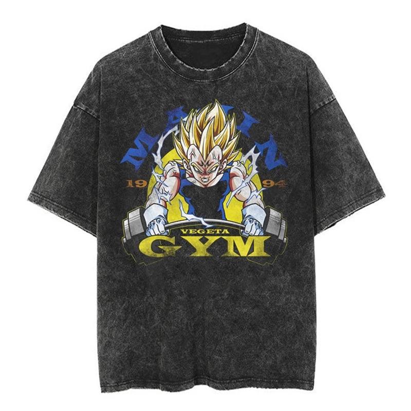 T-shirt a maniche corte lavata effetto invecchiato Giapponese Classico Dragon Ball Goku Cartone Animato Anime Oversize High Street Vintage Uomo e Donna