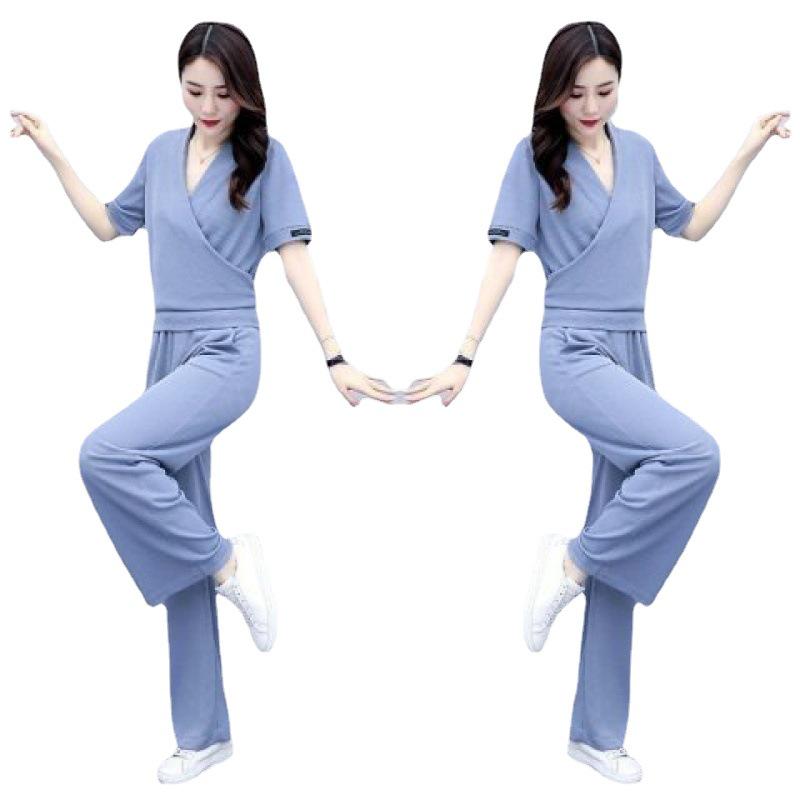 Chic Summer Women's V-Neck Top and Wide-Leg Pants Two-Piece Set - Trendy 2025 Xiaoxiang Style