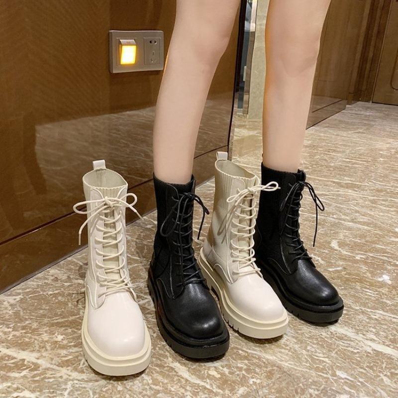 New British Style Knitted Elastic Thick Soled Short Boots Women Autumn Winter Fashion Street Pography Motorcycle Boots Women
