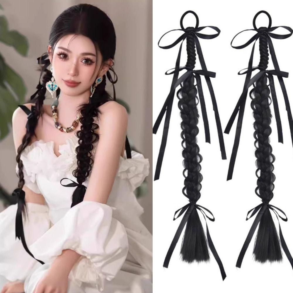 1Pair Fried Dough Ribbon Bow Double Ponytail Handmade Long Braiding Hair Extensions  Women/Girls