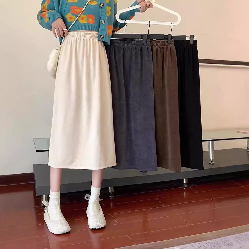 2024 Autumn/Winter Women's High-Waist Slimming Corduroy Midi A-Line Skirt - Korean Style