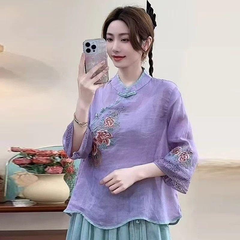 

Retro stand-up collar cotton and linen buckle embroidery national summer new literary and artistic diagonal placket seven-point short-sleeved top 3XL фіолетовий