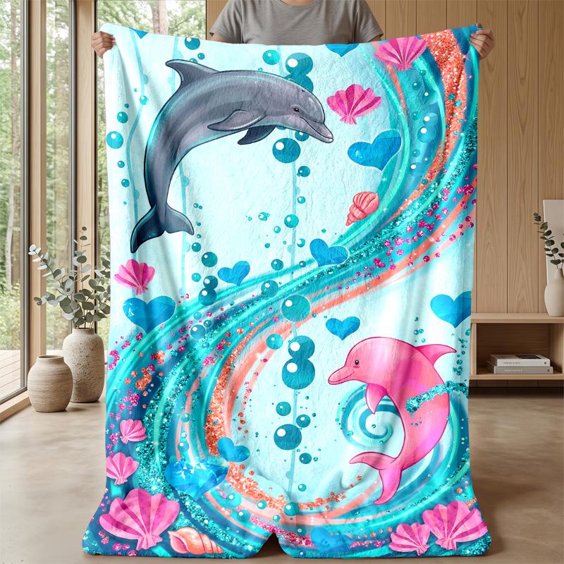 Dolphins in Heartful Ocean Theme blanket Lightweight Warm Flannel Blanket Decorative Throw Blanket for Home Decoration