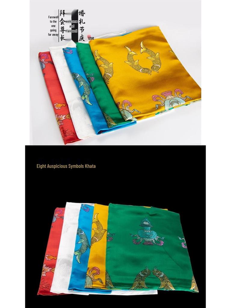 Tibetischer & Mongolischer Ritualschal mit Acht Glückssymbolen - Verdickte Fünffarbige Hada Schmuck Imitation Seide.